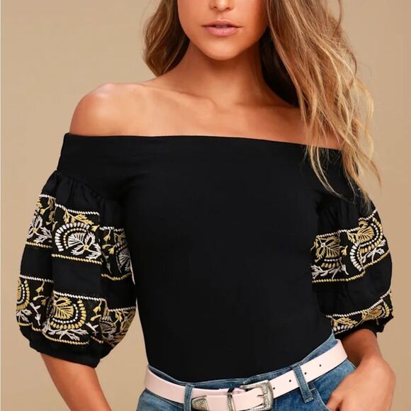 Free People Rock With It Black Embroidered Off-the-Shoulder Top Size XS - Picture 10 of 10